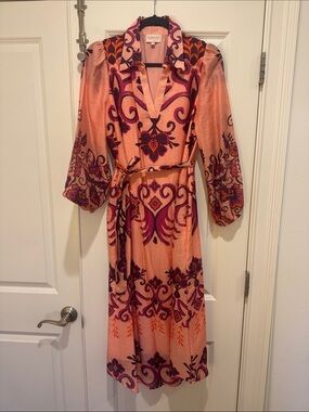 Cecox Peach Floral-Print Wrap Midi Dress with Long Sleeves